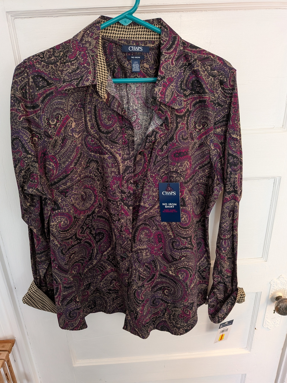 Chaps No Iron Paisley Button Down Shirt Womens Lg. Purple Houndstooth Collar New